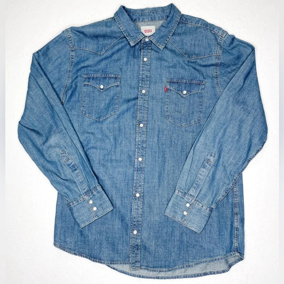 Levi’s Barstow Western Denim Men’s Long Sleeve Dark Blue Stonewash Medium Wash - Picture 4 of 9